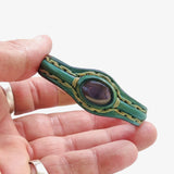 Handcrafted Genuine Green Vegetal Leather Bracelet with Gray Cat Eye Stone Setting-Unisex Gift-Fashion Jewelry Cuff