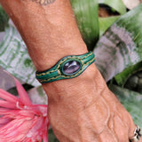 Handcrafted Genuine Green Vegetal Leather Bracelet with Gray Cat Eye Stone Setting-Unisex Gift-Fashion Jewelry Cuff