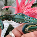 Handcrafted Genuine Green Vegetal Leather Bracelet with Gray Cat Eye Stone Setting-Unisex Gift-Fashion Jewelry Cuff