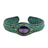 Handcrafted Genuine Green Vegetal Leather Bracelet with Gray Cat Eye Stone Setting-Unisex Gift-Fashion Jewelry Cuff