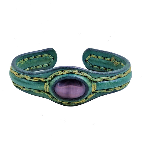 Handcrafted Genuine Green Vegetal Leather Bracelet with Gray Cat Eye Stone Setting-Unisex Gift-Fashion Jewelry Cuff