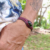 Handcrafted Genuine Vegetal Leather Bracelet with Green Agate Stone Setting-Unisex Gift Fashion Jewelry Cuff