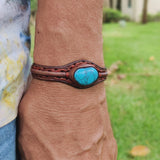 Handcrafted Genuine Vegetal Leather Bracelet with Firuze Stone Setting-Unisex Gift -  Fashion Jewelry Cuff