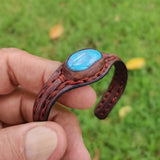 Handcrafted Genuine Vegetal Leather Bracelet with Firuze Stone Setting-Unisex Gift -  Fashion Jewelry Cuff