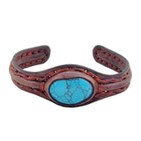 Handcrafted Genuine Vegetal Leather Bracelet with Firuze Stone Setting-Unisex Gift -  Fashion Jewelry Cuff