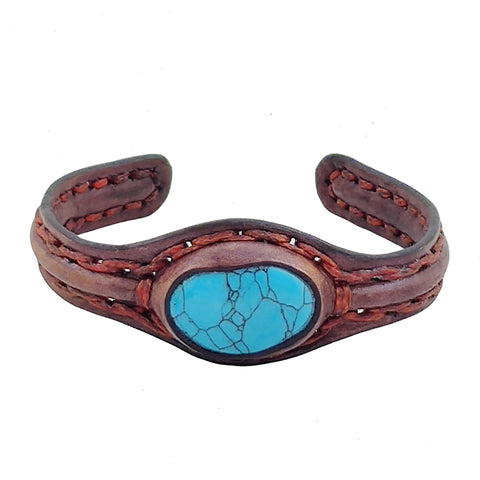 Handcrafted Genuine Vegetal Leather Bracelet with Firuze Stone Setting-Unisex Gift -  Fashion Jewelry Cuff