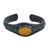 Handcrafted Genuine Vegetal Leather Bracelet with Yellow Agate Stone Setting-Unisex Gift Fashion Jewelry Cuff