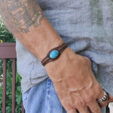 Handcrafted Genuine Vegetal Leather Bracelet with Firuze Stone Setting-Unisex Gift Unique Fashion Jewelry Cuff-Small