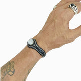 Handcrafted Genuine Vegetal Leather Bracelet with White Cat Eye Stone Setting-Lifestyle Unisex Gif Fashion Jewelry Cuff