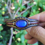 Handcrafted Genuine Brown Vegetal Leather Bracelet with Blue Cat Eye Stone Setting-Unisex Gift Fashion Jewelry Cuff-Bangle