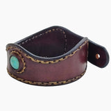 Handcrafted Genuine Brown Vegetal Leather Cuff with Firuze Stone Setting-Lifestyle Unique Gift Fashion Jewelry Bracelet