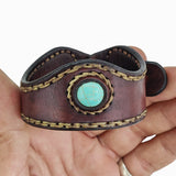 Handcrafted Genuine Brown Vegetal Leather Cuff with Firuze Stone Setting-Lifestyle Unique Gift Fashion Jewelry Bracelet