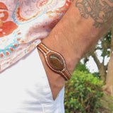 Handcrafted Brown Genuine Vegetal Leather Bracelet with Yellow Agate Stone Setting-Unisex Gift Fashion Jewelry Cuff Wristband