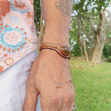 Handcrafted Brown Genuine Vegetal Leather Bracelet with Yellow Agate Stone Setting-Unisex Gift Fashion Jewelry Cuff Wristband