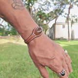 Handcrafted Brown Genuine Vegetal Leather Bracelet with Yellow Agate Stone Setting-Unisex Gift Fashion Jewelry Cuff Wristband