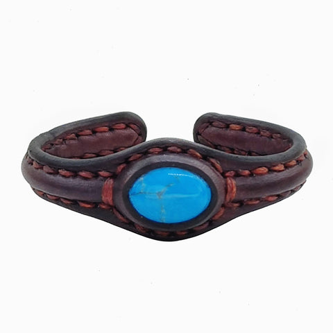 Handcrafted Genuine Brown Vegetal Leather Bracelet with Firuze Stone Setting-Unisex Gift Unique Fashion Jewelry Cuff-Wristband