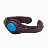 Handcrafted Genuine Brown Vegetal Leather Bracelet with Firuze Stone Setting-Unisex Gift Unique Fashion Jewelry Cuff-Wristband
