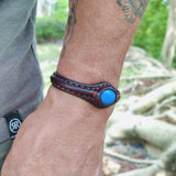 Handcrafted Genuine Brown Vegetal Leather Bracelet with Firuze Stone Setting-Unisex Gift Unique Fashion Jewelry Cuff-Wristband