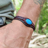 Handcrafted Genuine Brown Vegetal Leather Bracelet with Firuze Stone Setting-Unisex Gift Unique Fashion Jewelry Cuff-Wristband
