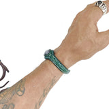Handcrafted Genuine Green Vegetal Leather Bracelet with Gray Cat Eye Stone Setting-Unisex Gift-Unique Fashion Jewelry Cuff Wristband