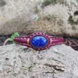 Handcrafted Brown Genuine Vegetal Leather Bracelet with Navy Blue Agate Stone Setting-Unisex Gift Fashion Jewelry Cuff Wristband