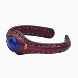 Handcrafted Brown Genuine Vegetal Leather Bracelet with Navy Blue Agate Stone Setting-Unisex Gift Fashion Jewelry Cuff Wristband