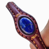Handcrafted Brown Genuine Vegetal Leather Bracelet with Navy Blue Agate Stone Setting-Unisex Gift Fashion Jewelry Cuff Wristband