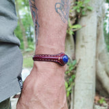 Handcrafted Brown Genuine Vegetal Leather Bracelet with Navy Blue Agate Stone Setting-Unisex Gift Fashion Jewelry Cuff Wristband