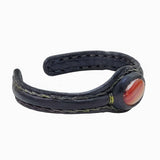 Handcrafted Black Genuine Vegetal Leather Bracelet with Amber Agate Stone Setting-Unisex Gift Fashion Jewelry Cuff Wristband