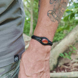 Handcrafted Black Genuine Vegetal Leather Bracelet with Amber Agate Stone Setting-Unisex Gift Fashion Jewelry Cuff Wristband