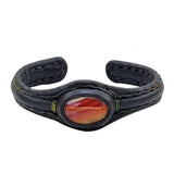 Handcrafted Black Genuine Vegetal Leather Bracelet with Amber Agate Stone Setting-Unisex Gift Fashion Jewelry Cuff Wristband