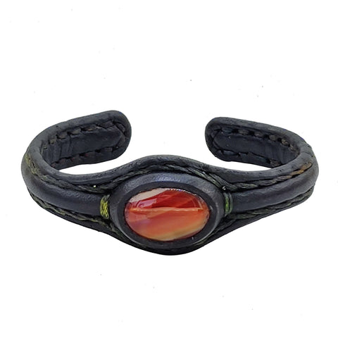 Handcrafted Black Genuine Vegetal Leather Bracelet with Amber Agate Stone Setting-Unisex Gift Fashion Jewelry Cuff Wristband