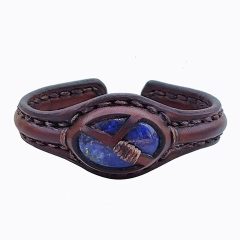 Handcrafted Brown Genuine Vegetal Leather Bracelet with Navy Blue Agate Stone Setting-Unisex Gift Fashion Jewelry Cuff Wristband