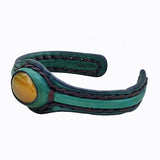 Handcrafted Genuine Green Vegetal Leather Bracelet with Yellow Agate Stone Setting-Unisex Gift Fashion Jewelry Cuff Wristband