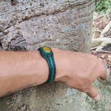Handcrafted Genuine Green Vegetal Leather Bracelet with Yellow Agate Stone Setting-Unisex Gift Fashion Jewelry Cuff Wristband