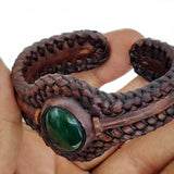 Handcrafted Genuine Brown Leather Braided Bracelet with Green Agate Stone-Unisex Gift Fashion Jewelry with Naturel Stone Cuff Wristband