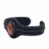 Handcrafted Black Genuine Vegetal Braided Leather Bracelet with Amber Agate Stone Setting-Unisex Gift Fashion Jewelry Cuff Wristband