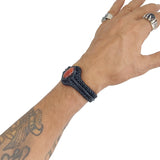 Handcrafted Black Genuine Vegetal Braided Leather Bracelet with Amber Agate Stone Setting-Unisex Gift Fashion Jewelry Cuff Wristband