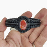 Handcrafted Black Genuine Vegetal Braided Leather Bracelet with Amber Agate Stone Setting-Unisex Gift Fashion Jewelry Cuff Wristband