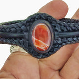 Handcrafted Black Genuine Vegetal Braided Leather Bracelet with Amber Agate Stone Setting-Unisex Gift Fashion Jewelry Cuff Wristband
