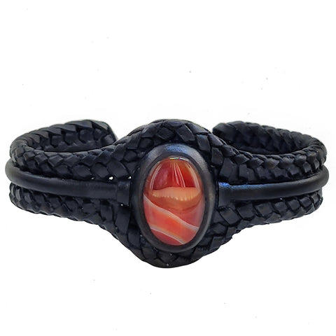 Handcrafted Black Genuine Vegetal Braided Leather Bracelet with Amber Agate Stone Setting-Unisex Gift Fashion Jewelry Cuff Wristband