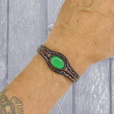 Handcrafted Genuine Brown Color Vegetal Leather Bracelet with Green Cat Eye Stone Setting-Lifestyle Gift Fashion Jewelry Cuff Bangle