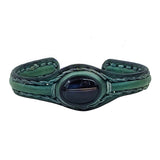 Handcrafted Genuine Green Color Vegetal Leather Bracelet with Black Agate Stone Setting-Lifestyle Gift Fashion Jewelry Cuff Bangle