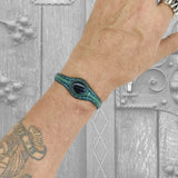 Handcrafted Genuine Green Color Vegetal Leather Bracelet with Black Agate Stone Setting-Lifestyle Gift Fashion Jewelry Cuff Bangle