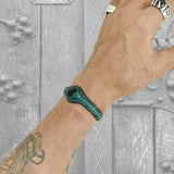 Handcrafted Genuine Green Color Vegetal Leather Bracelet with Black Agate Stone Setting-Lifestyle Gift Fashion Jewelry Cuff Bangle