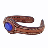 Handcrafted Genuine Brown Vegetal Leather Bracelet with Blue Cat Eye Stone Setting-Unisex Gift Fashion Jewelry Cuff-Wristband