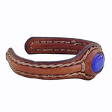 Handcrafted Genuine Brown Vegetal Leather Bracelet with Blue Cat Eye Stone Setting-Unisex Gift Fashion Jewelry Cuff-Wristband
