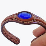 Handcrafted Genuine Brown Vegetal Leather Bracelet with Blue Cat Eye Stone Setting-Unisex Gift Fashion Jewelry Cuff-Wristband