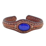 Handcrafted Genuine Brown Vegetal Leather Bracelet with Blue Cat Eye Stone Setting-Unisex Gift Fashion Jewelry Cuff-Wristband