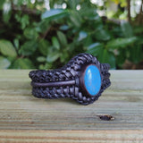 Bohemian Handcrafted Braided Black Vegetal Leather Bracelet with Firuze Stone Setting-Unisex Gift Fashion Jewelry Wristband